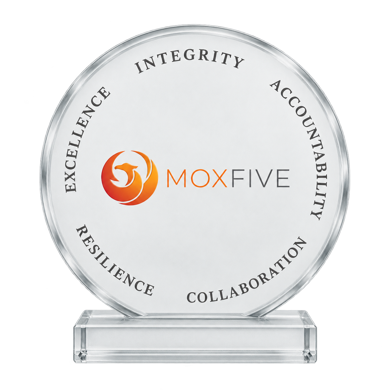 Illustration of the circular MOXFIVE Phoenix Award, with five core values around the rim
